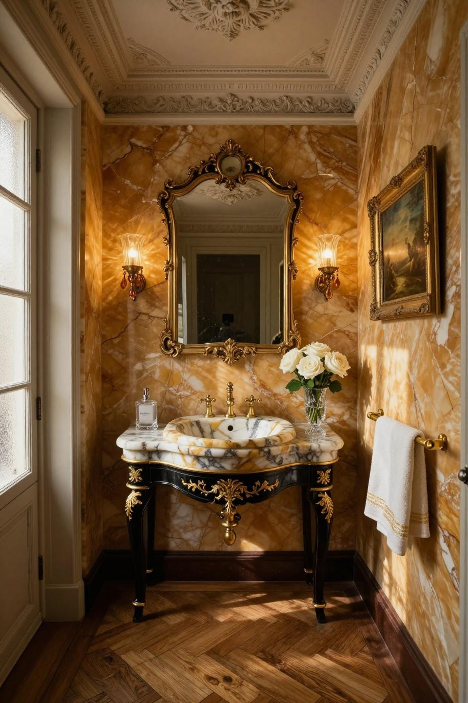 Small powder room design featuring backlit honey onyx with 24k gold leaf inlay