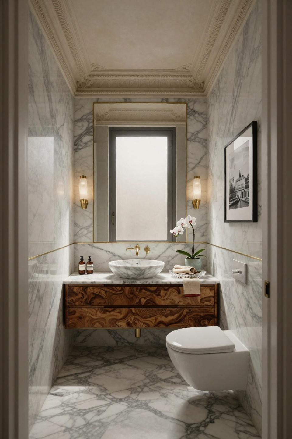 Small powder bathroom ideas with honed Calacatta marble and walnut burl vanity
