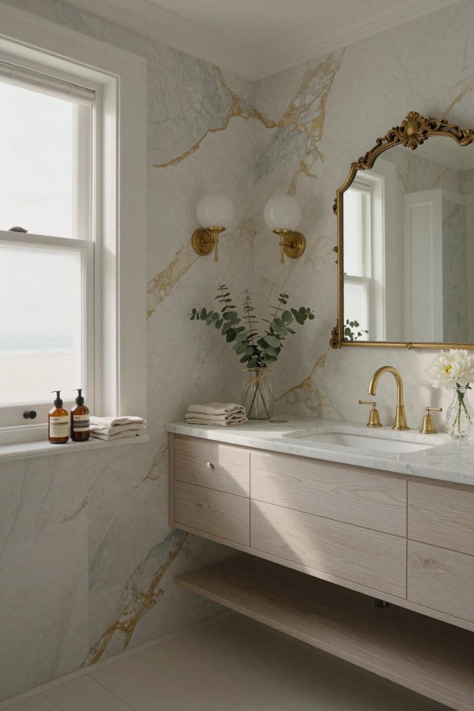 Half bathroom design with book-matched Calacatta Gold walls and unlacquered brass