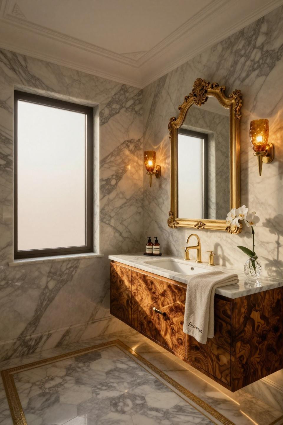 Powder room inspiration featuring Calacatta Gold marble with walnut burl waterfall vanity