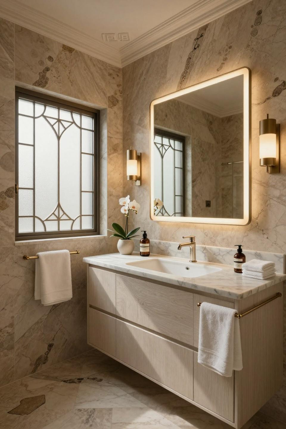 Powder bath ideas with French limestone walls and cerused white oak vanity