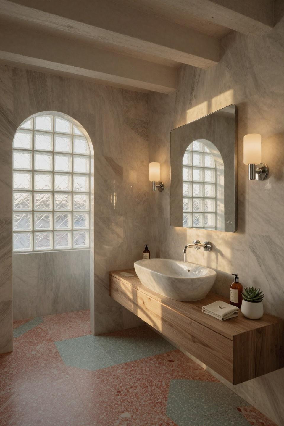 Small half bath ideas featuring coral terrazzo porcelain with platinum fixtures