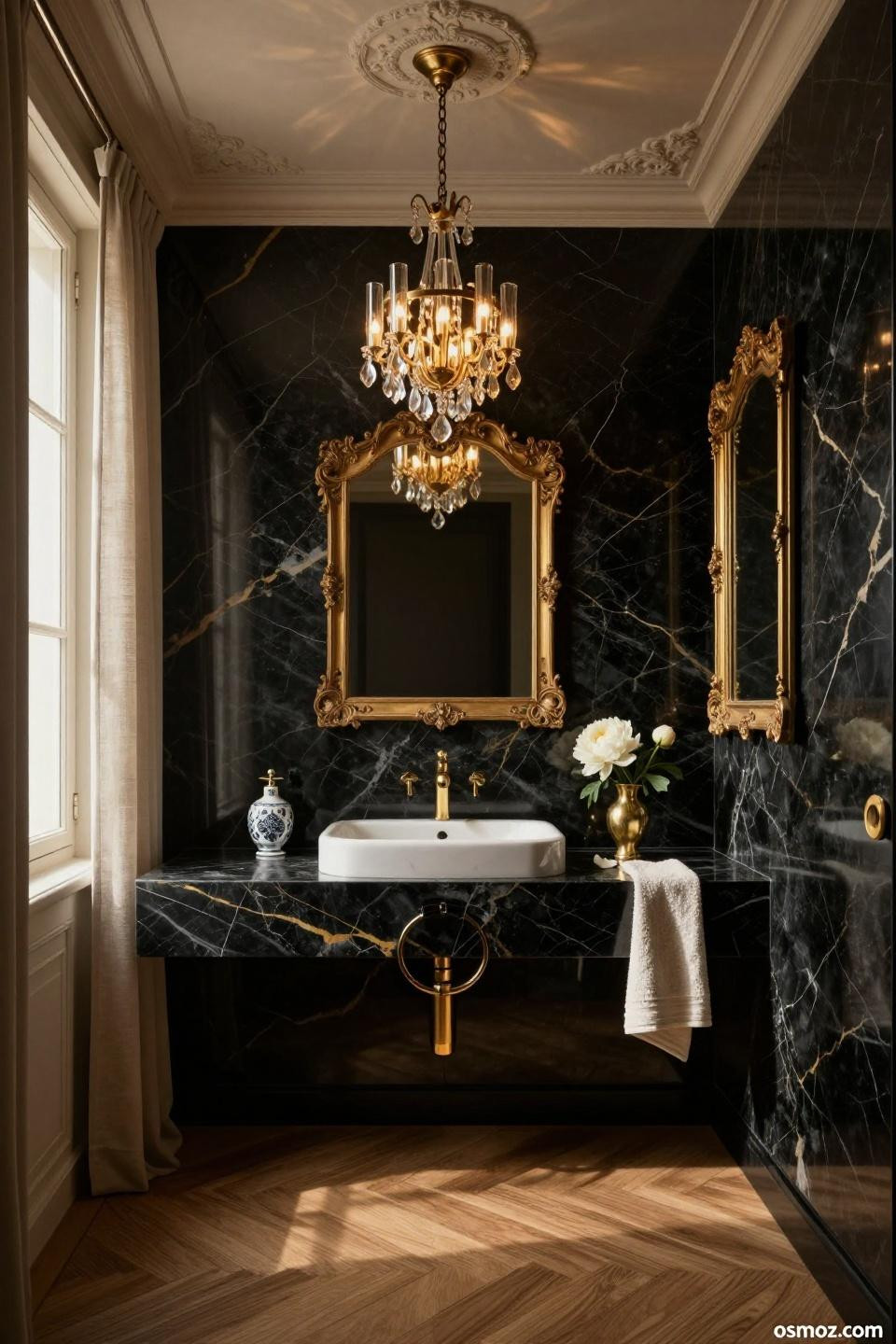 Half bathroom inspiration with book-matched black onyx and Calacatta Gold marble sink