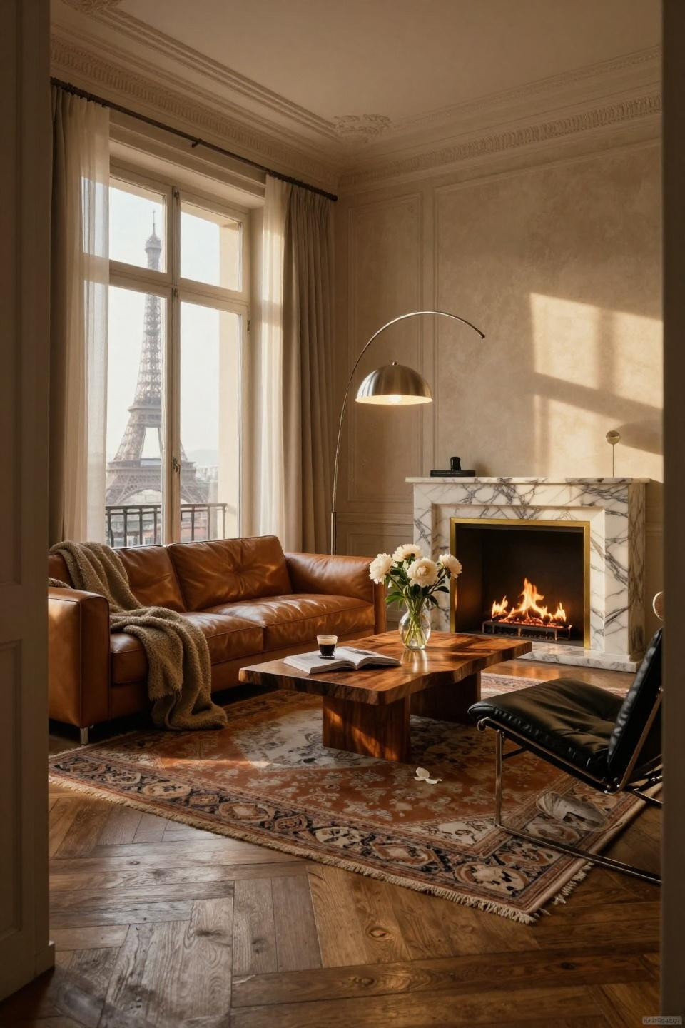 Tiny powder room ideas showing Calacatta Gold marble with brass fireplace surround