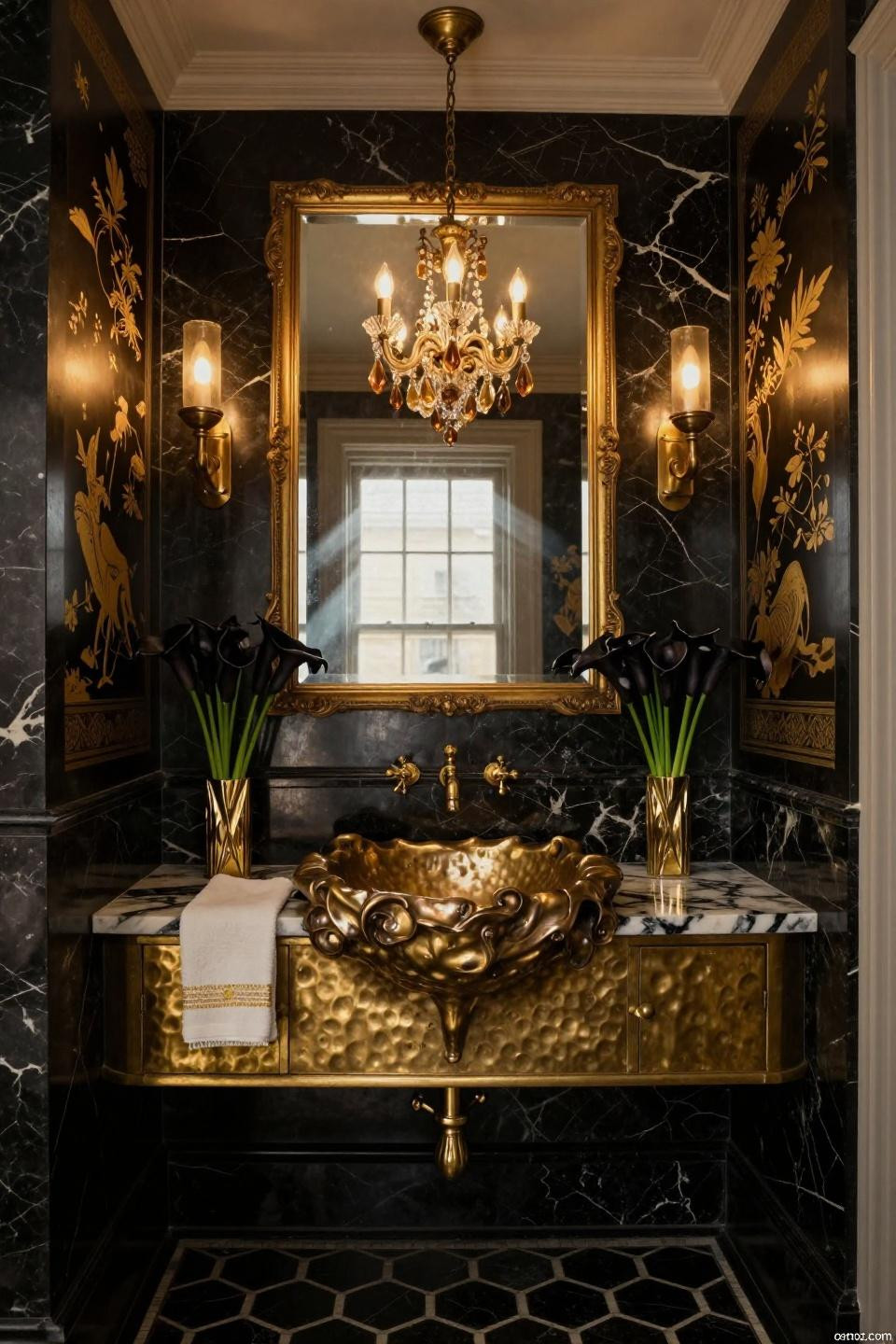 Small powder room ideas with black onyx marble and gold chinoiserie panels