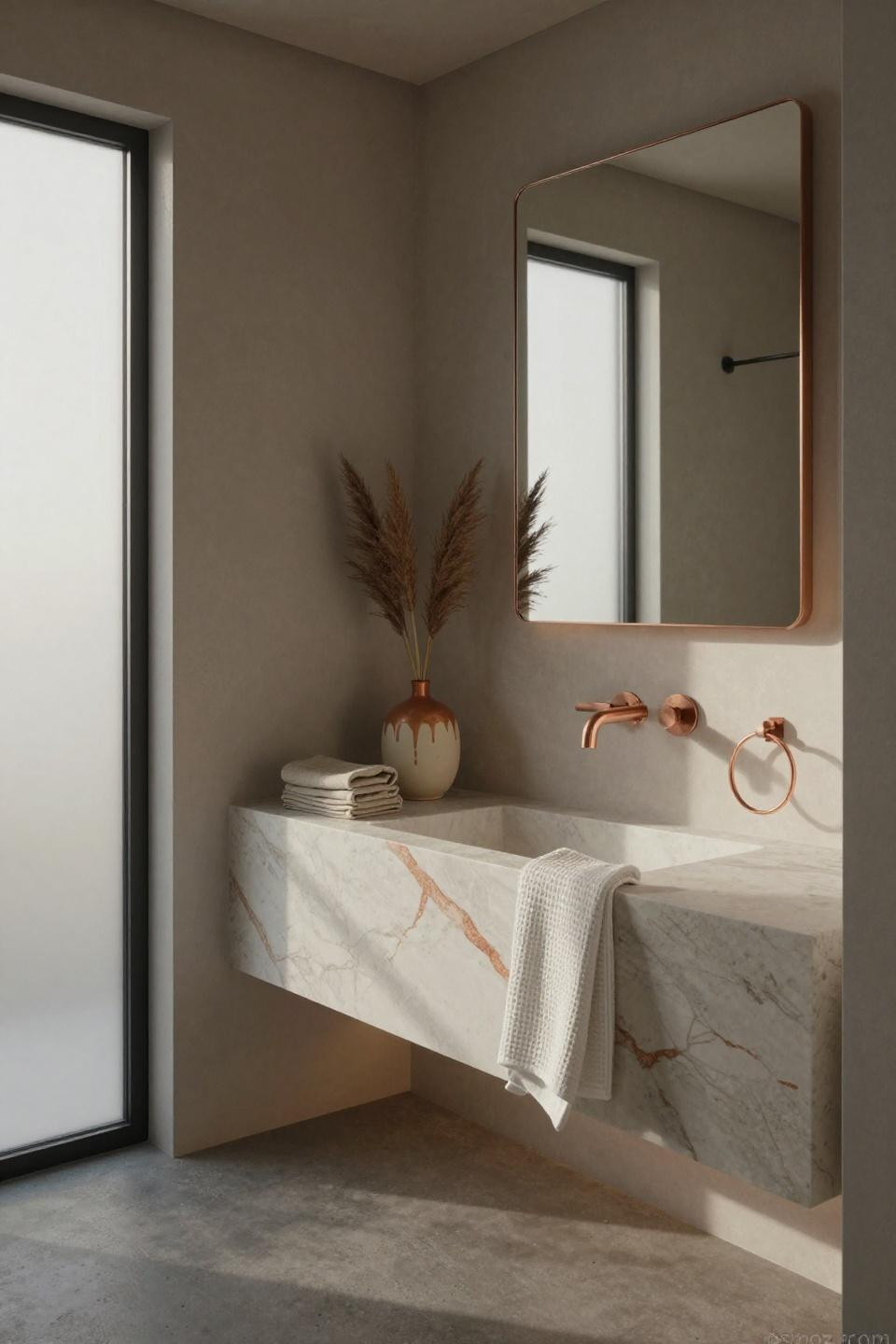 Powder room bathroom featuring white quartzite with unlacquered copper fixtures
