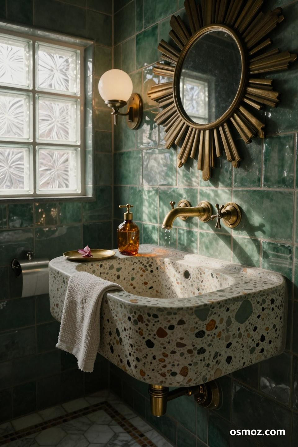 Small powder room design with sage terrazzo and emerald zellige tiles