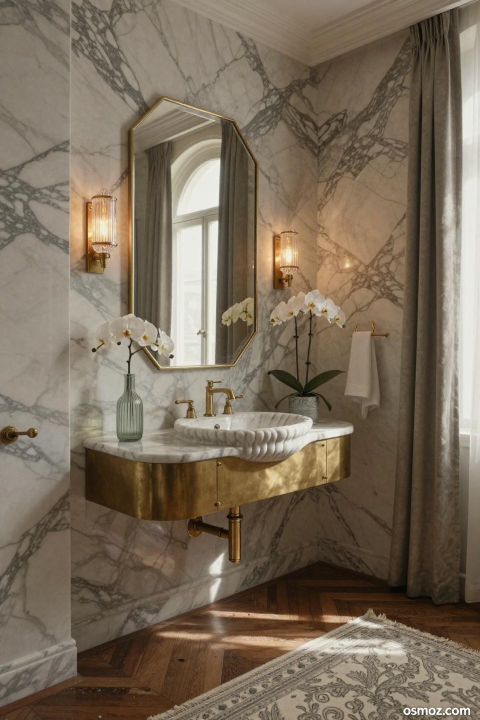 Small powder bathroom ideas with Calacatta Gold marble and unlacquered brass vanity