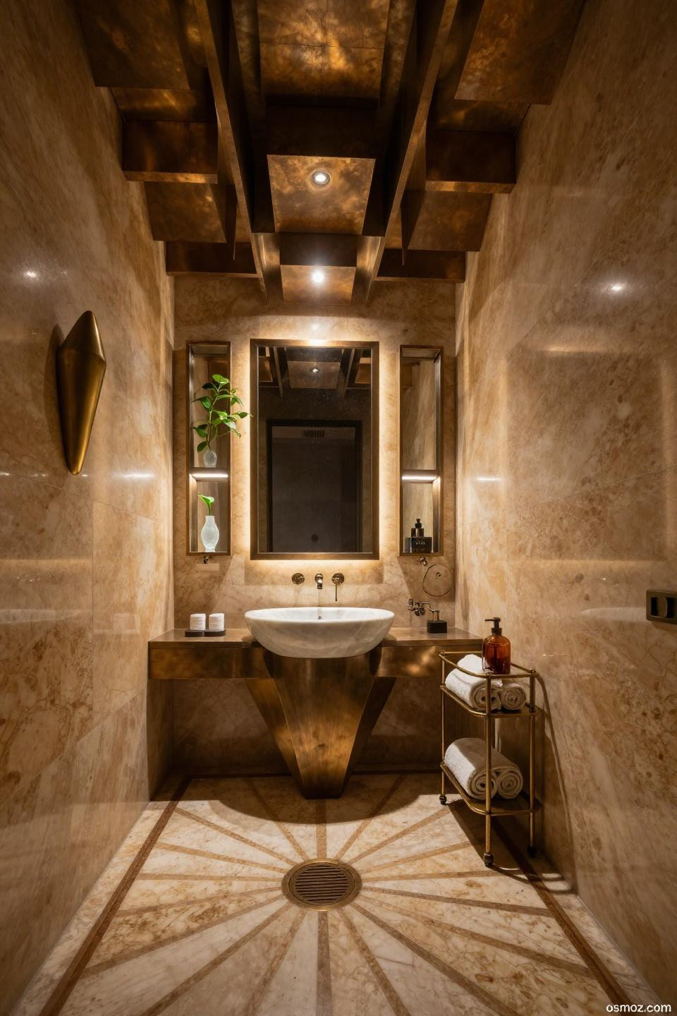 Half bathroom design featuring travertine with geometric bronze ceiling installation
