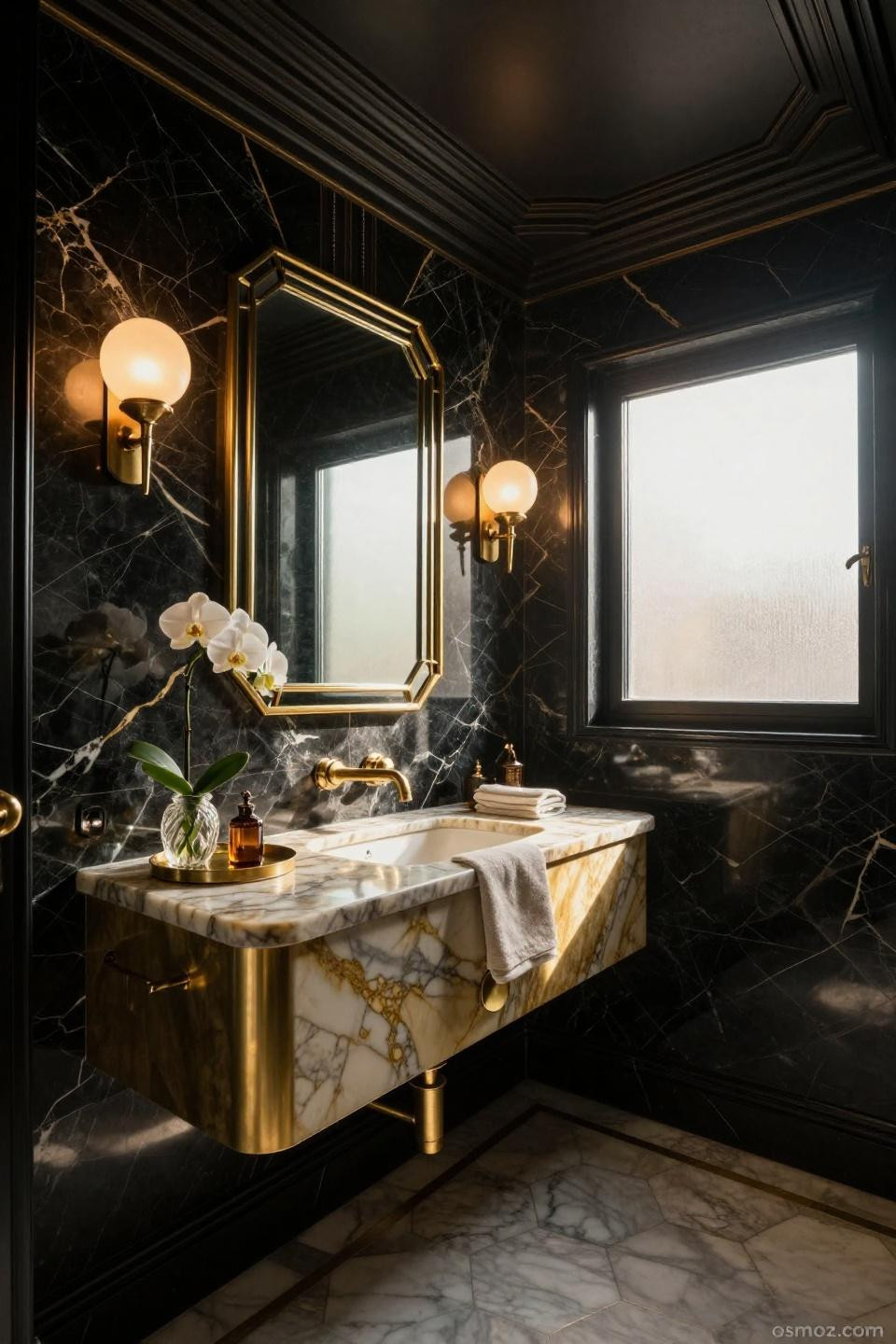 Powder room inspiration with book-matched Black Portoro marble and brass floating vanity