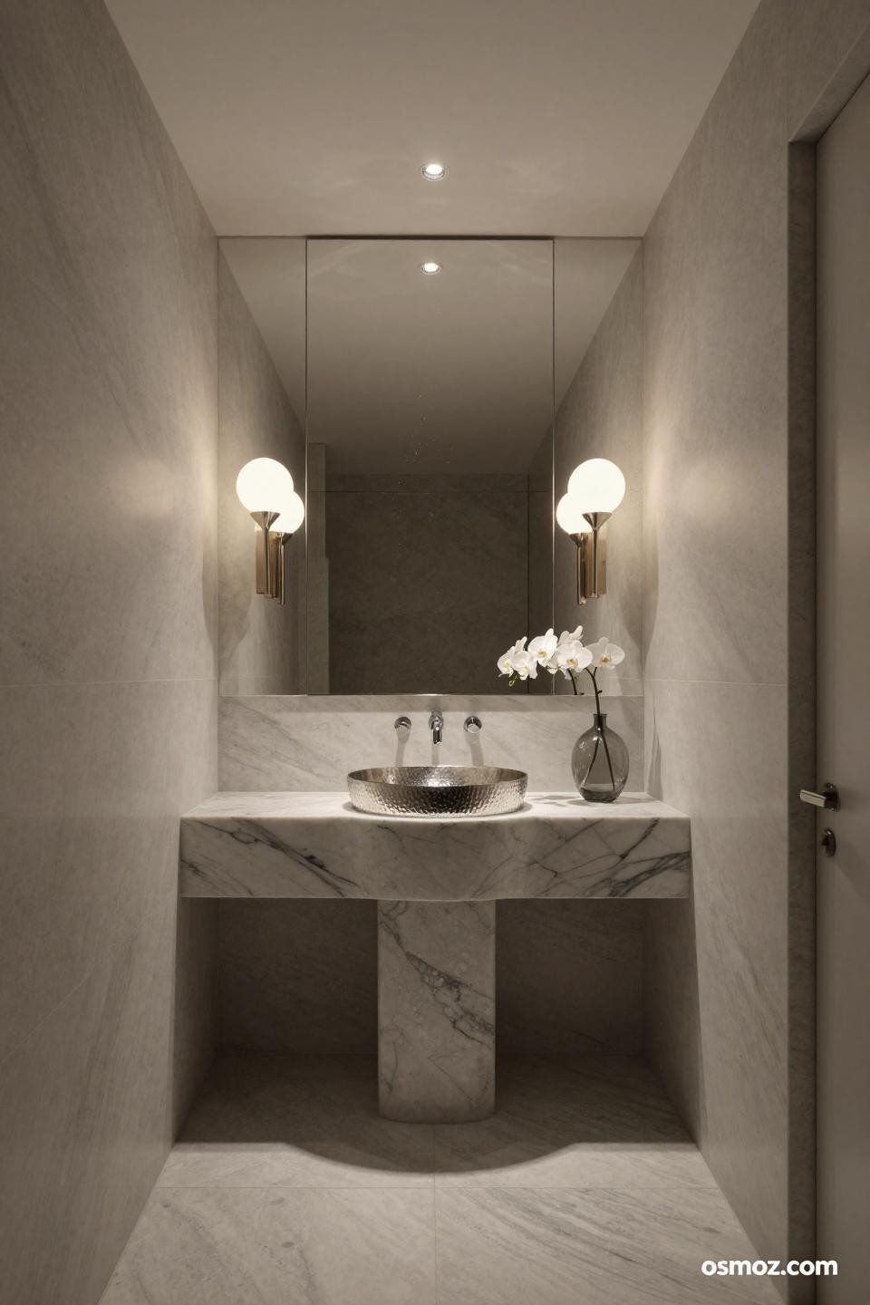 Powder bath ideas showcasing honed Bardiglio limestone with nickel vessel sink