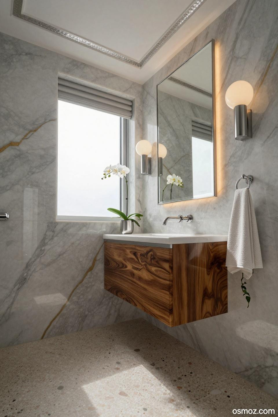 Small half bath ideas with floor-to-ceiling Calacatta porcelain and platinum trim