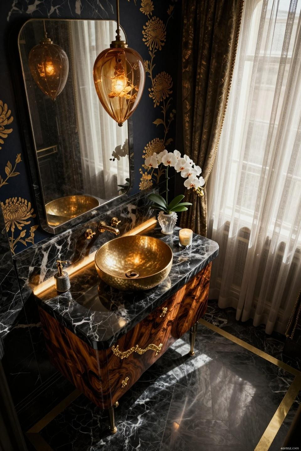 Half bathroom inspiration featuring black Nero Marquina marble with brass vessel sink