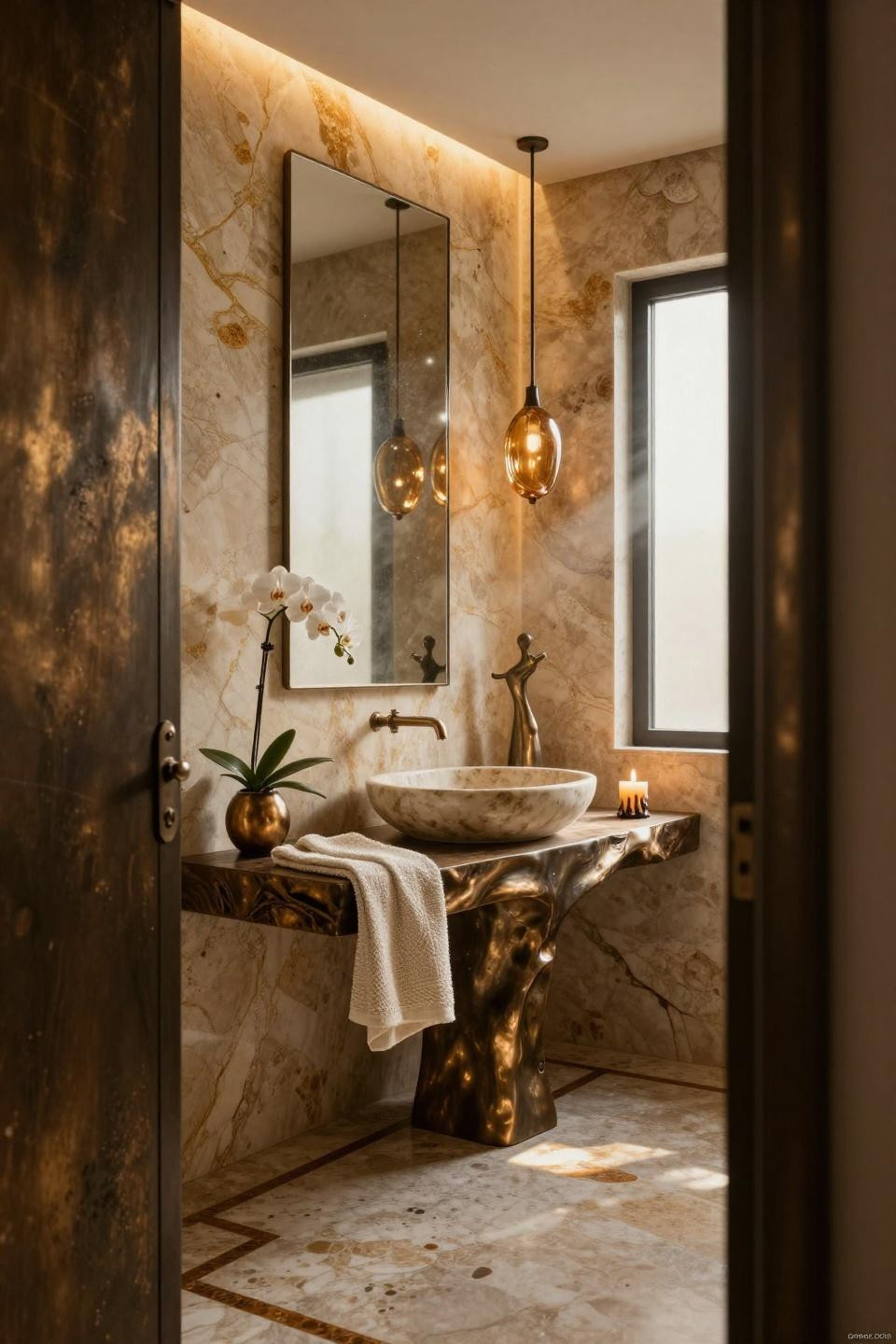 Small powder room ideas with floor-to-ceiling honey travertine and floating bronze console