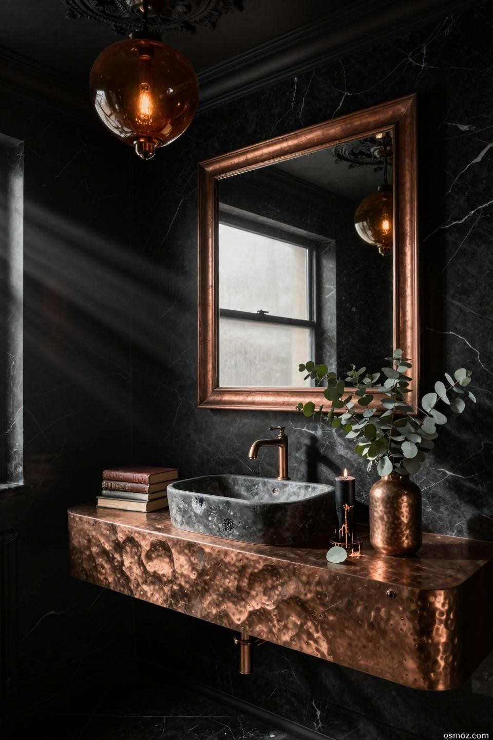 Dark moody powder room with sculptural hammered copper floating vanity