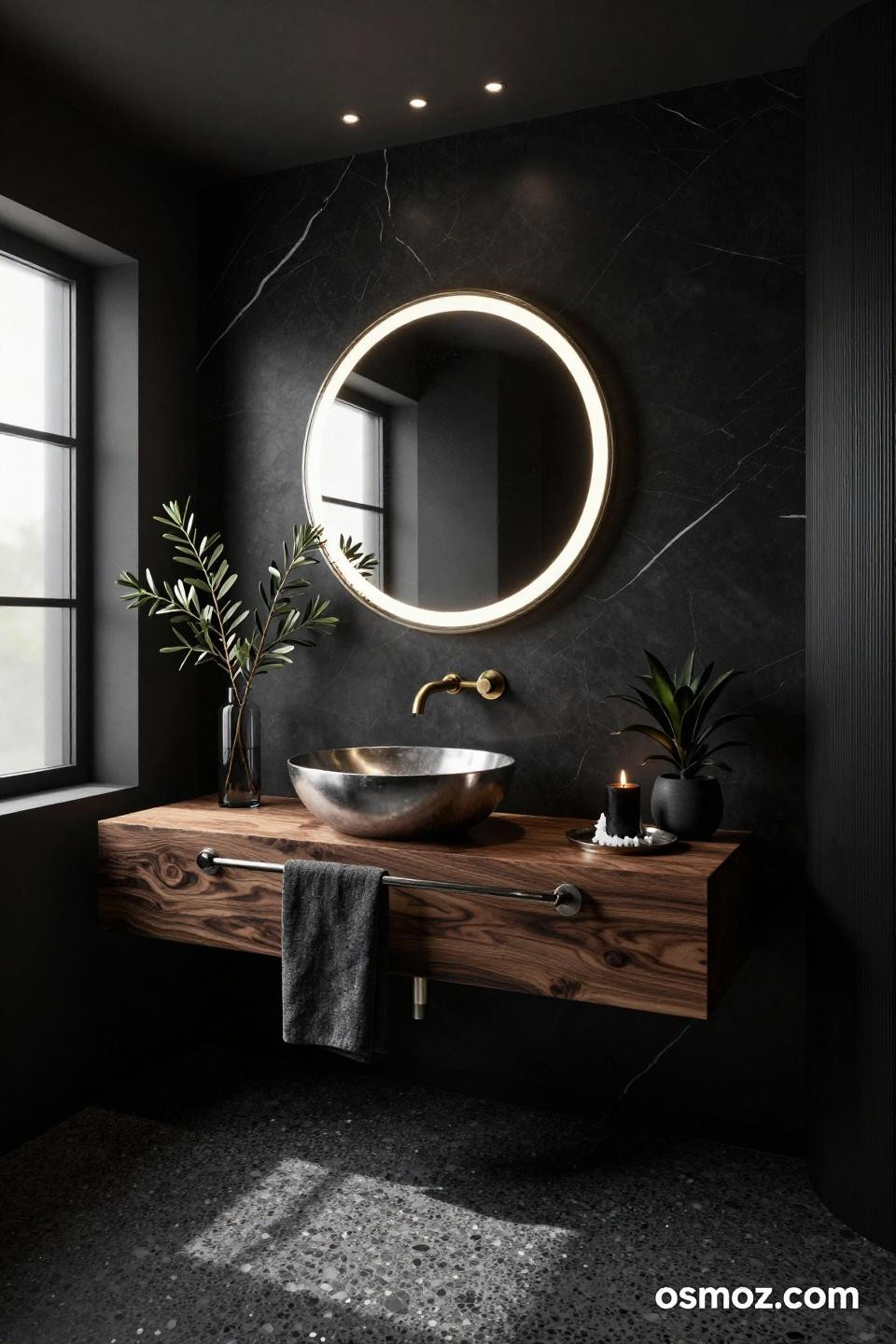 Small powder room ideas featuring charcoal terrazzo flooring with chrome aggregate