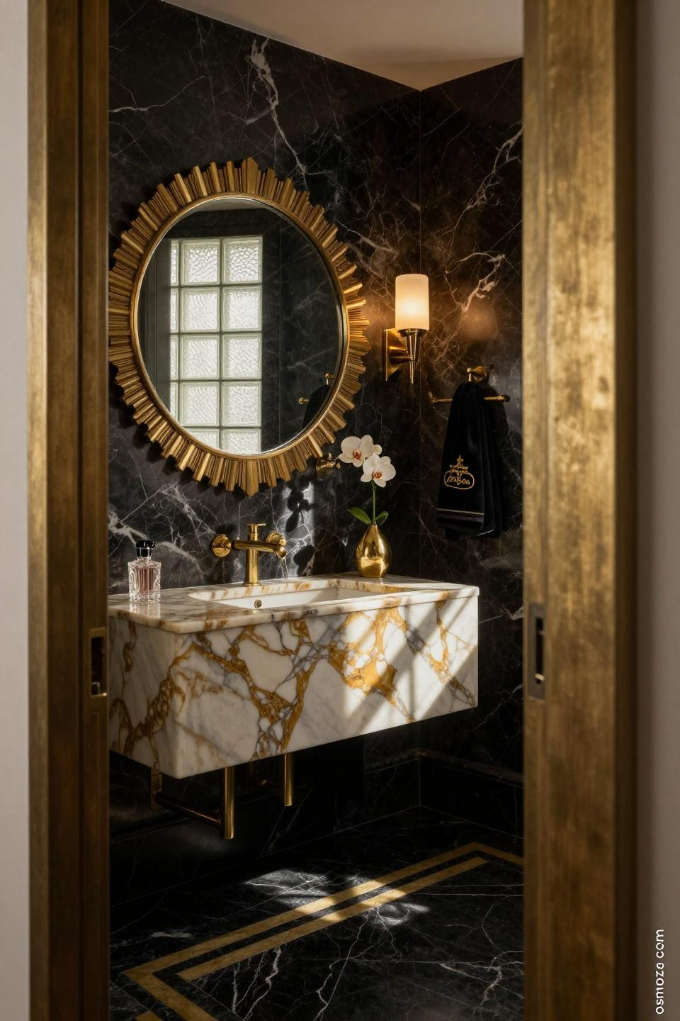 Moody powder bath featuring Calacatta Gold marble vanity with waterfall edges