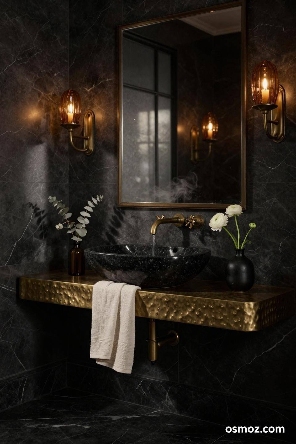 Black half bathroom with floor-to-ceiling honed Nero Marquina marble