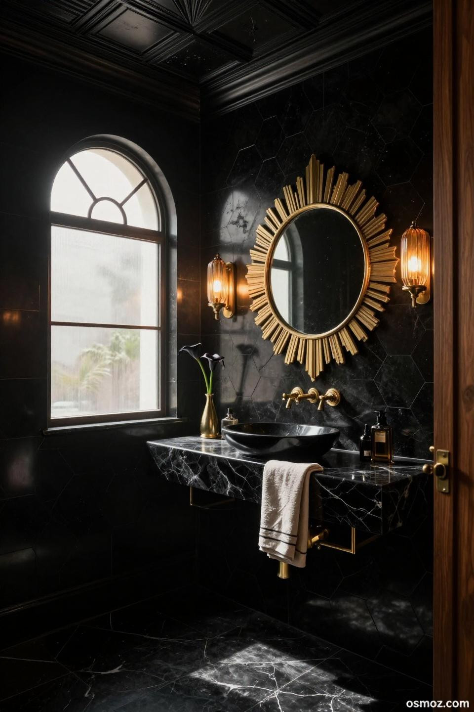 Dark bathroom ideas featuring midnight black lacquer and Art Deco sunburst mirror