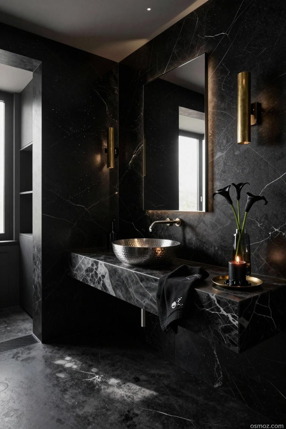 Luxury powder room featuring black porcelain slabs with platinum metallic veining