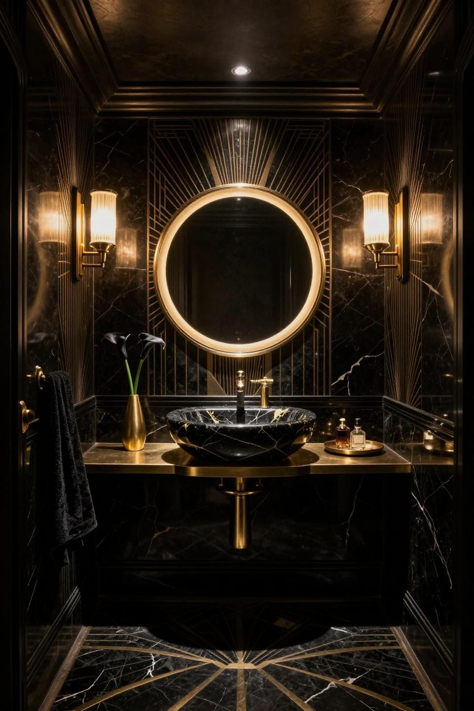 Moody powder bathroom with Art Deco geometric patterns in 24k gold leaf