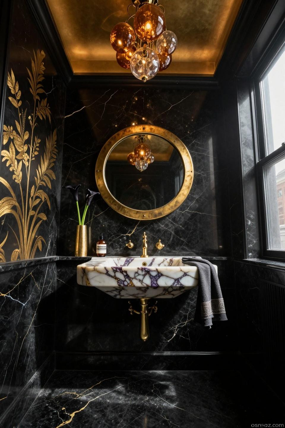 Moody half bath with polished black onyx walls and dramatic gold veining