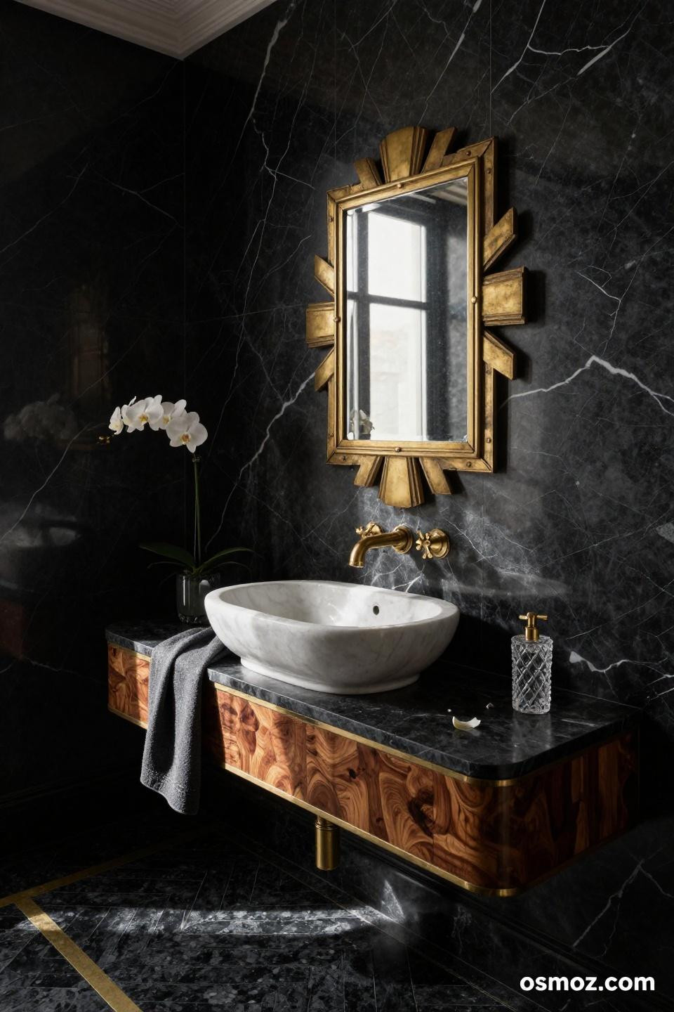 Dark moody powder room featuring honed black Nero Marquina marble with white veining