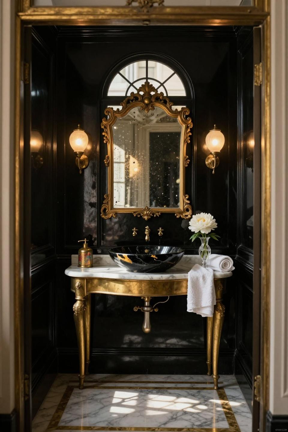 Black powder room with glossy lacquered walls and antique Venetian mirror
