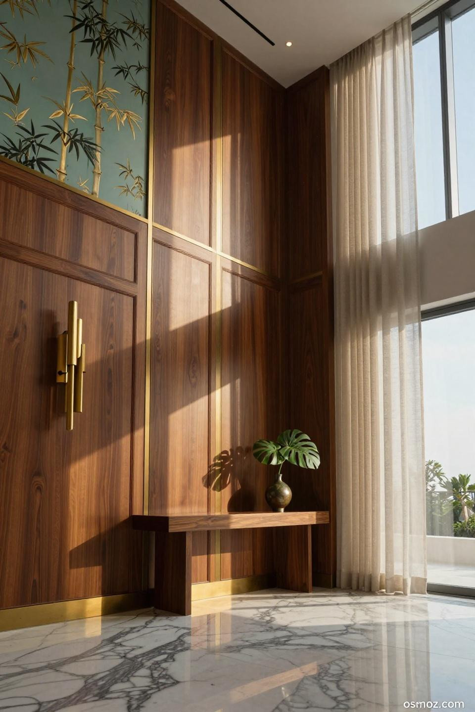 Floor-to-ceiling bookmatched walnut wainscoting with hand-painted celadon chinoiserie wallpaper