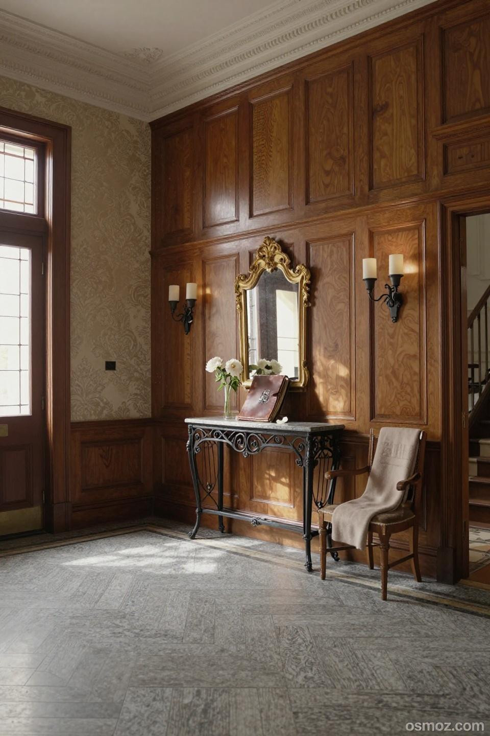 Traditional walnut burl wainscoting with champagne silk damask wallpaper and gilded mirror