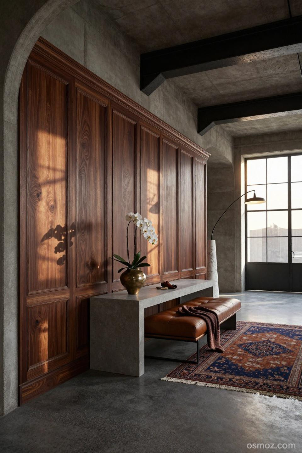 Industrial loft wainscoting in dark walnut burl with exposed concrete walls above