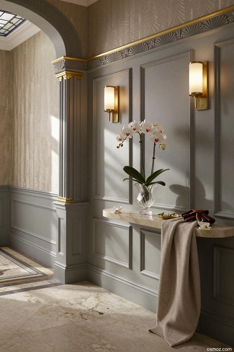 Raised panel wainscoting with brushed nickel Art Deco sunburst motifs and stepped cap rail