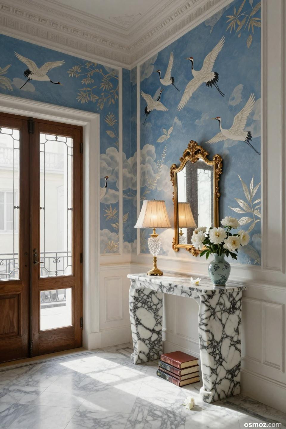 Floor-to-ceiling wainscoting in Farrow Ball Pointing white with de Gournay chinoiserie wallpaper