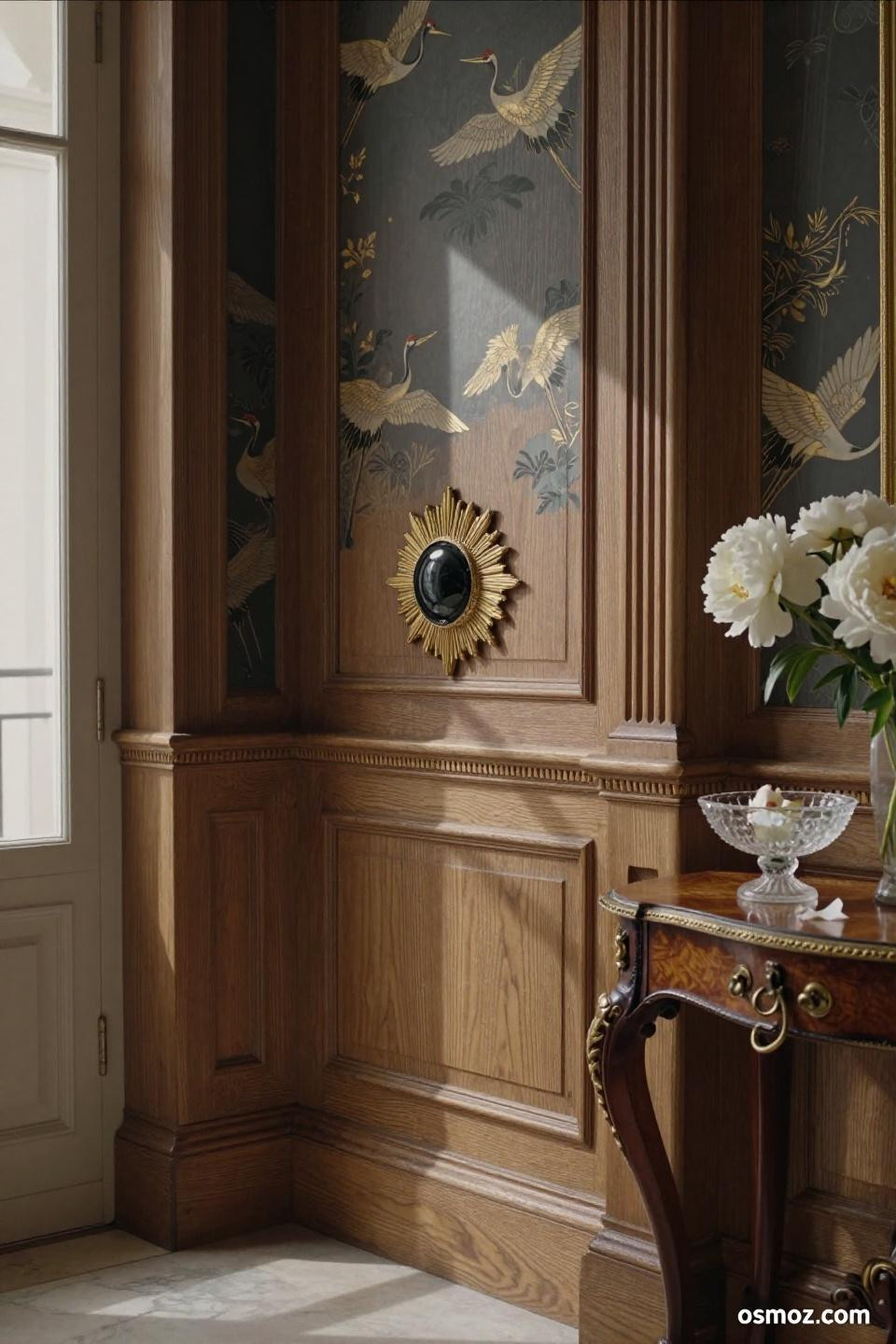 English oak wainscoting with unlacquered brass beading and black onyx rosette medallion