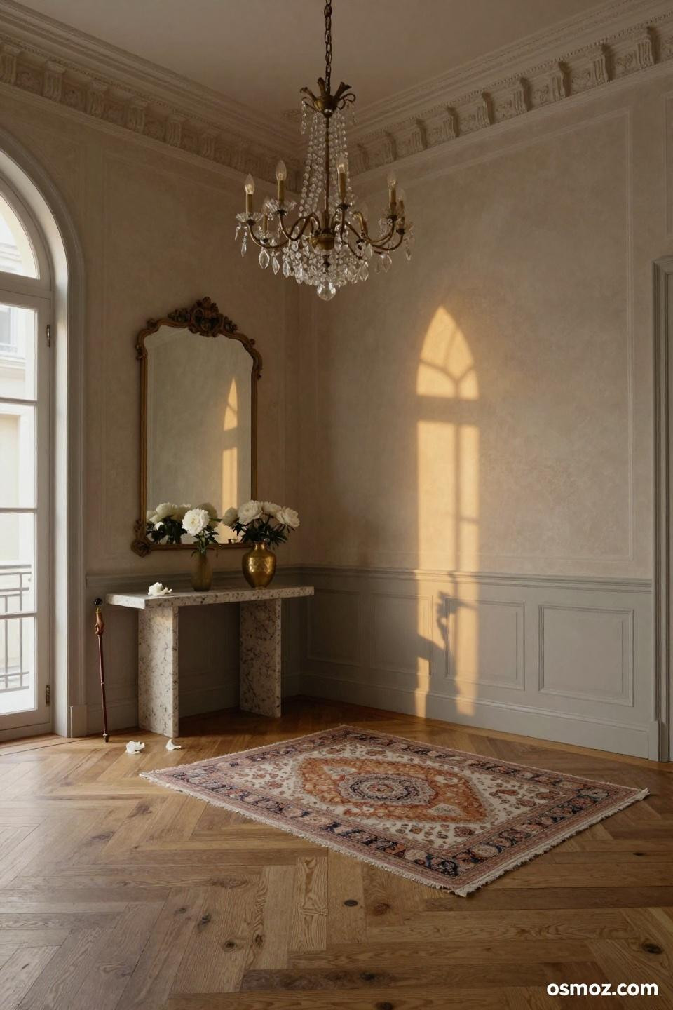 Raised panel wainscoting in Farrow Ball Pavilion Gray with ivory Venetian plaster above