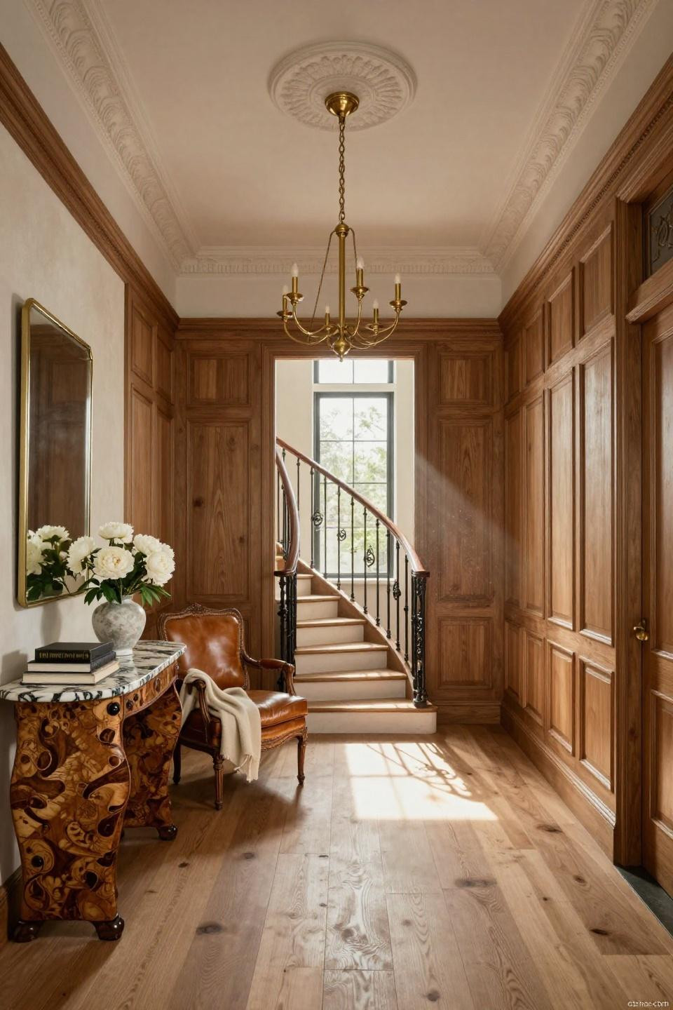 Floor-to-ceiling cerused oak wainscoting with Venetian plaster upper walls