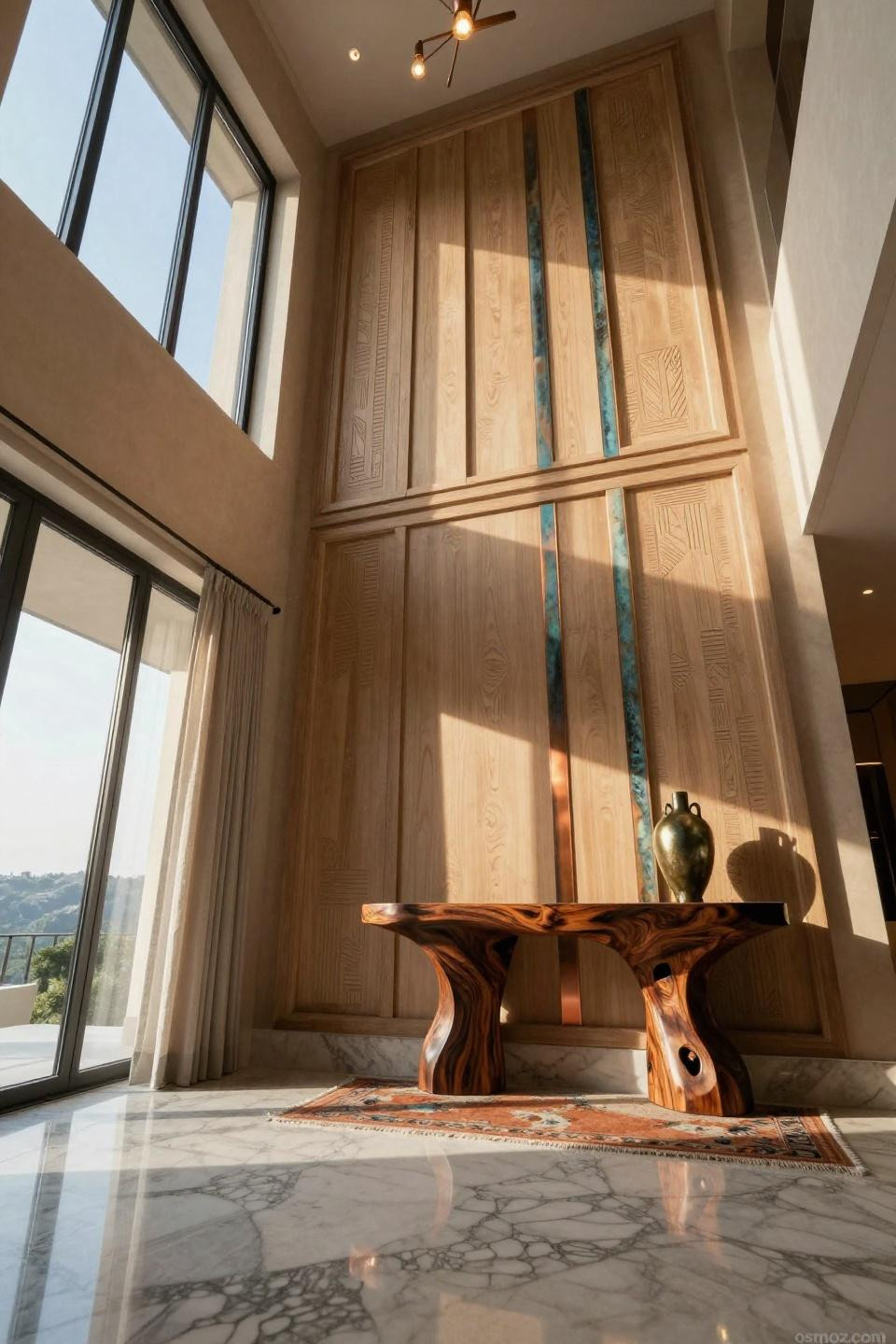 Quarter-sawn white oak wainscoting with shadow-box detailing and copper inlay strips