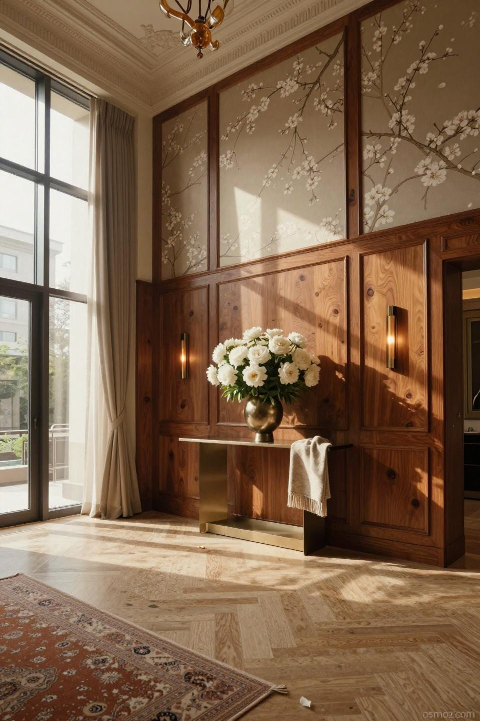 Walnut burl wainscoting with bronze inlay details and Gracie cherry blossom wallpaper