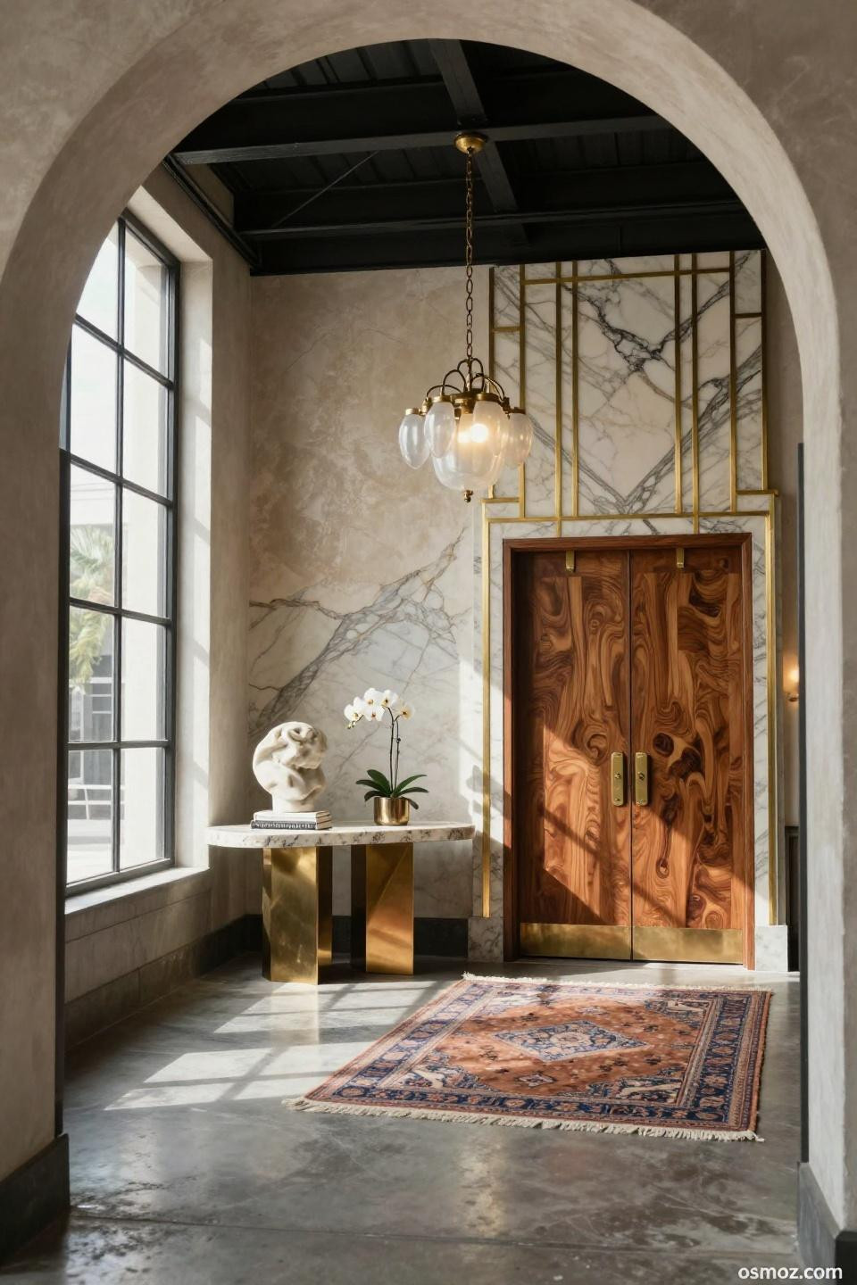 Industrial loft entryway with Calacatta Gold marble wainscoting and brass Art Deco inlay