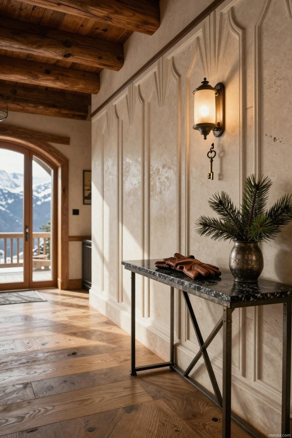 Farmhouse wainscoting in Swiss limestone with Art Deco stepped detailing and iron picture rail