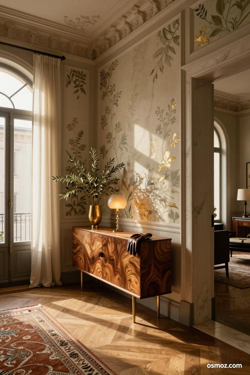Floor-to-ceiling bookmatched Calacatta Gold marble wainscoting with sage botanical wallpaper