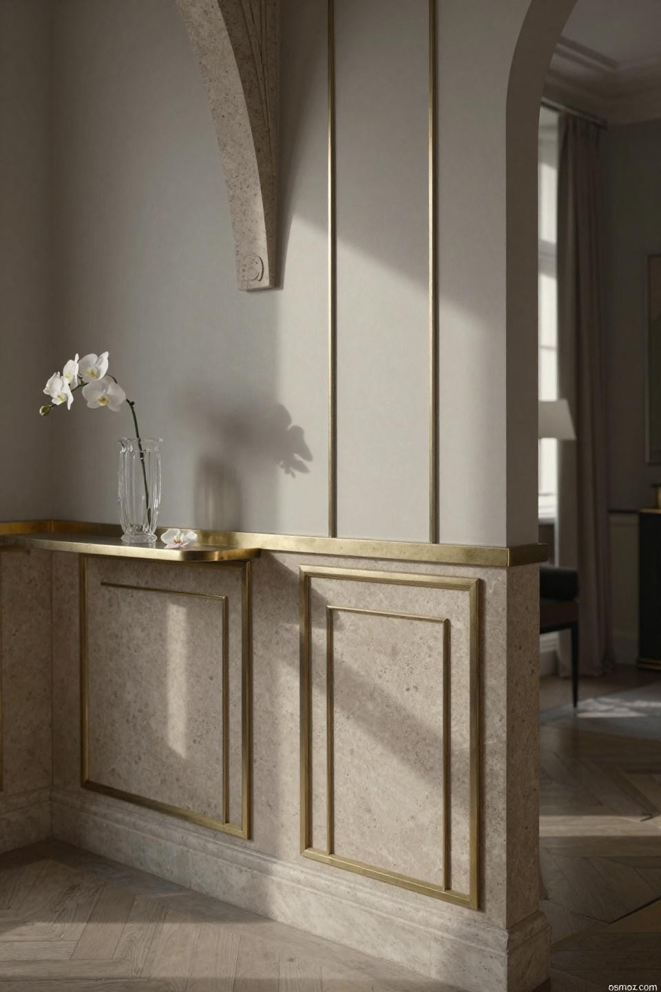 Art Deco limestone wainscoting with brushed nickel geometric inlay strips