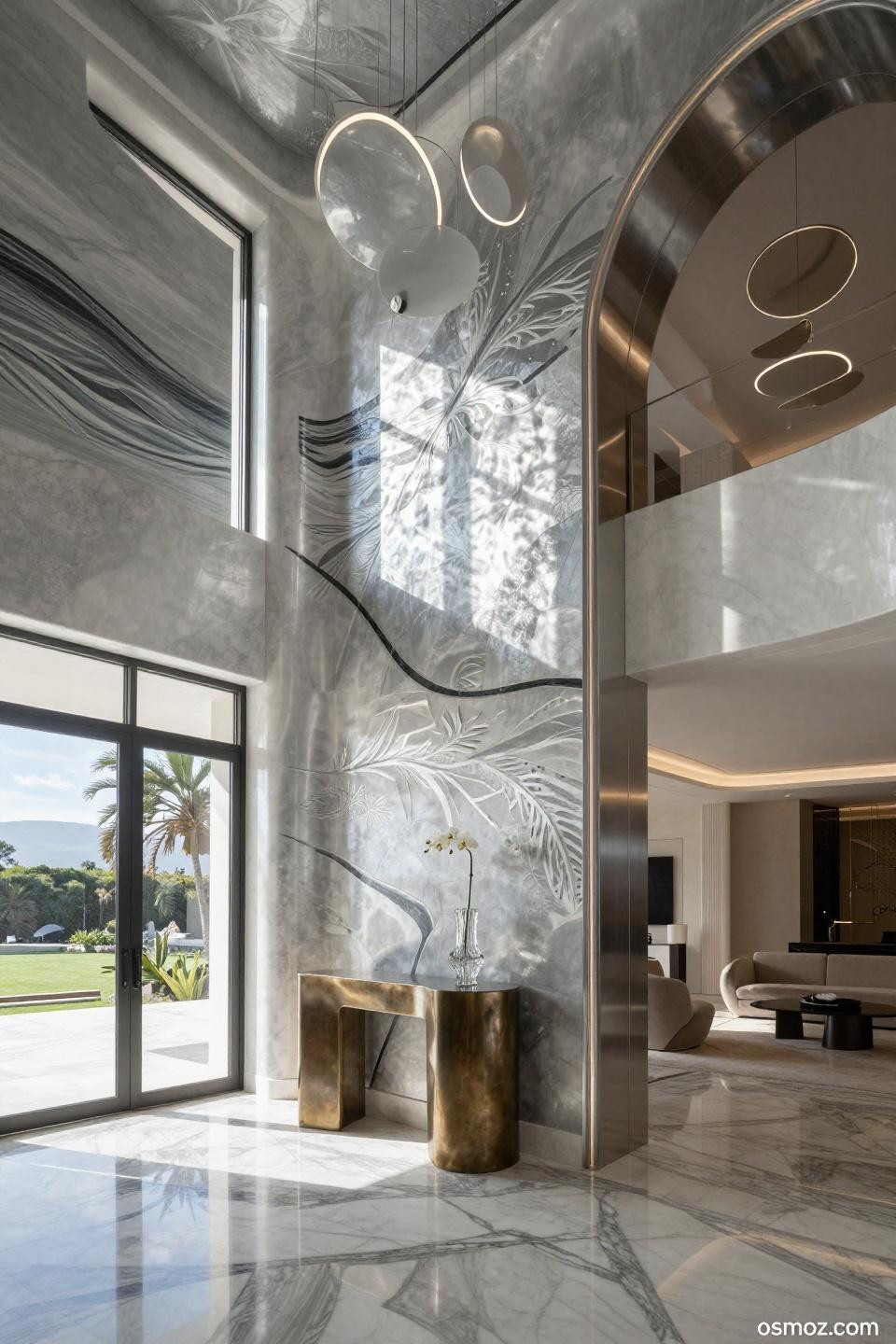 Futuristic porcelain wainscoting in platinum pearl with abstract geometric silver leaf wallpaper