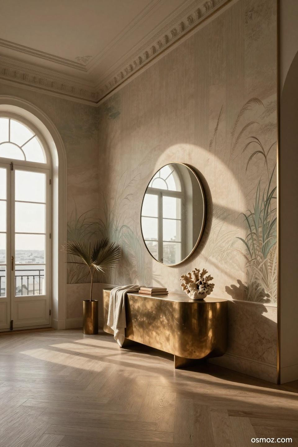 Floor-to-ceiling travertine wainscoting with vertical fluting and unlacquered bronze cap rail