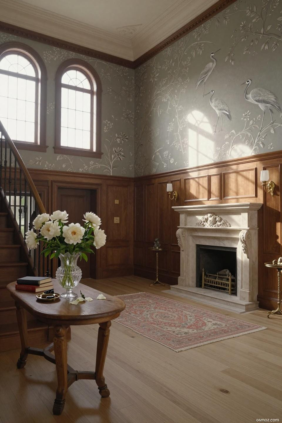 Hand-milled walnut wainscoting with dentil crown molding and chinoiserie wallpaper