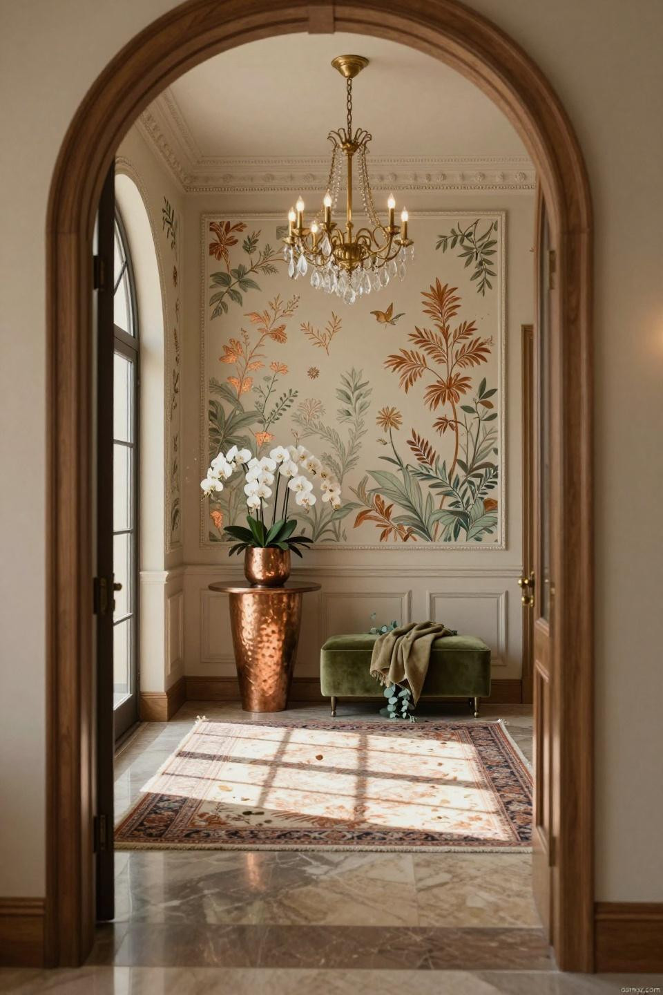 Wall wainscoting ideas with ivory panels and copper metallic wallpaper