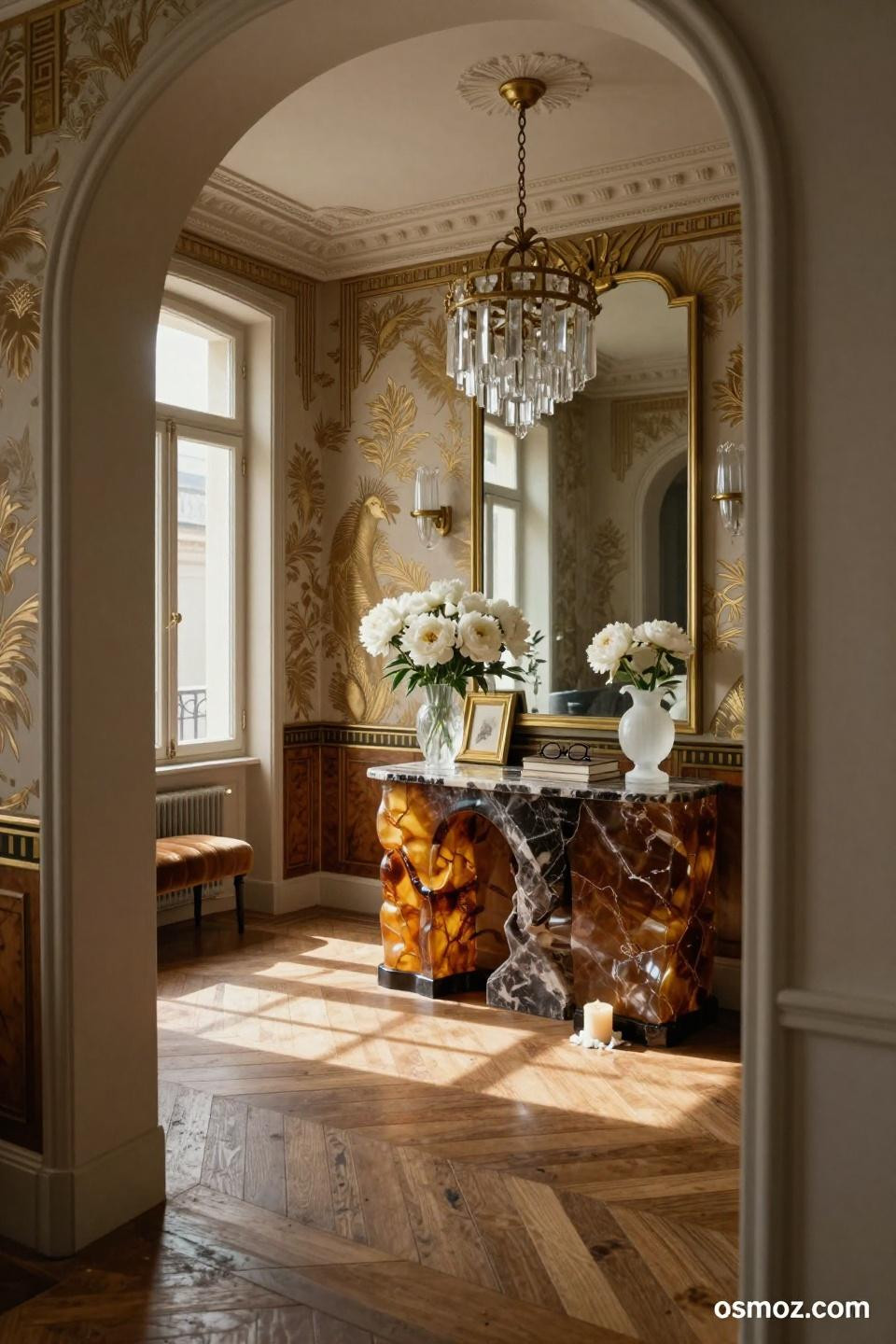 Art Deco wainscoting topped with hand-painted chinoiserie wallpaper in metallic copper