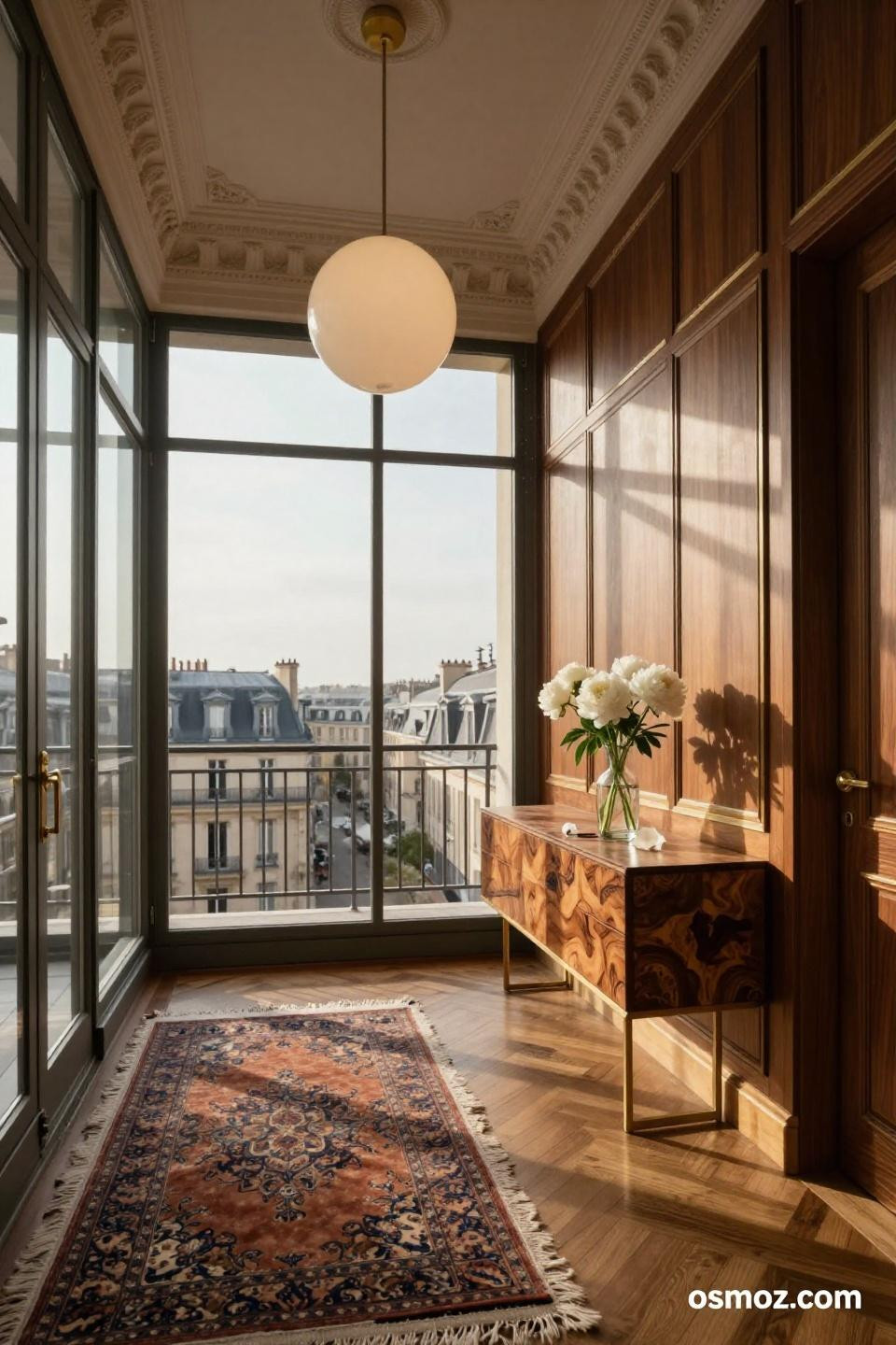 Floor-to-ceiling walnut burl wainscoting with brass inlay strips in Parisian entryway