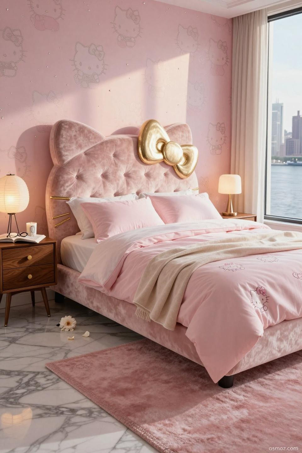 Hello Kitty wallpaper HD inspiration with blush velvet headboard and de Gournay wallpaper in NYC loft