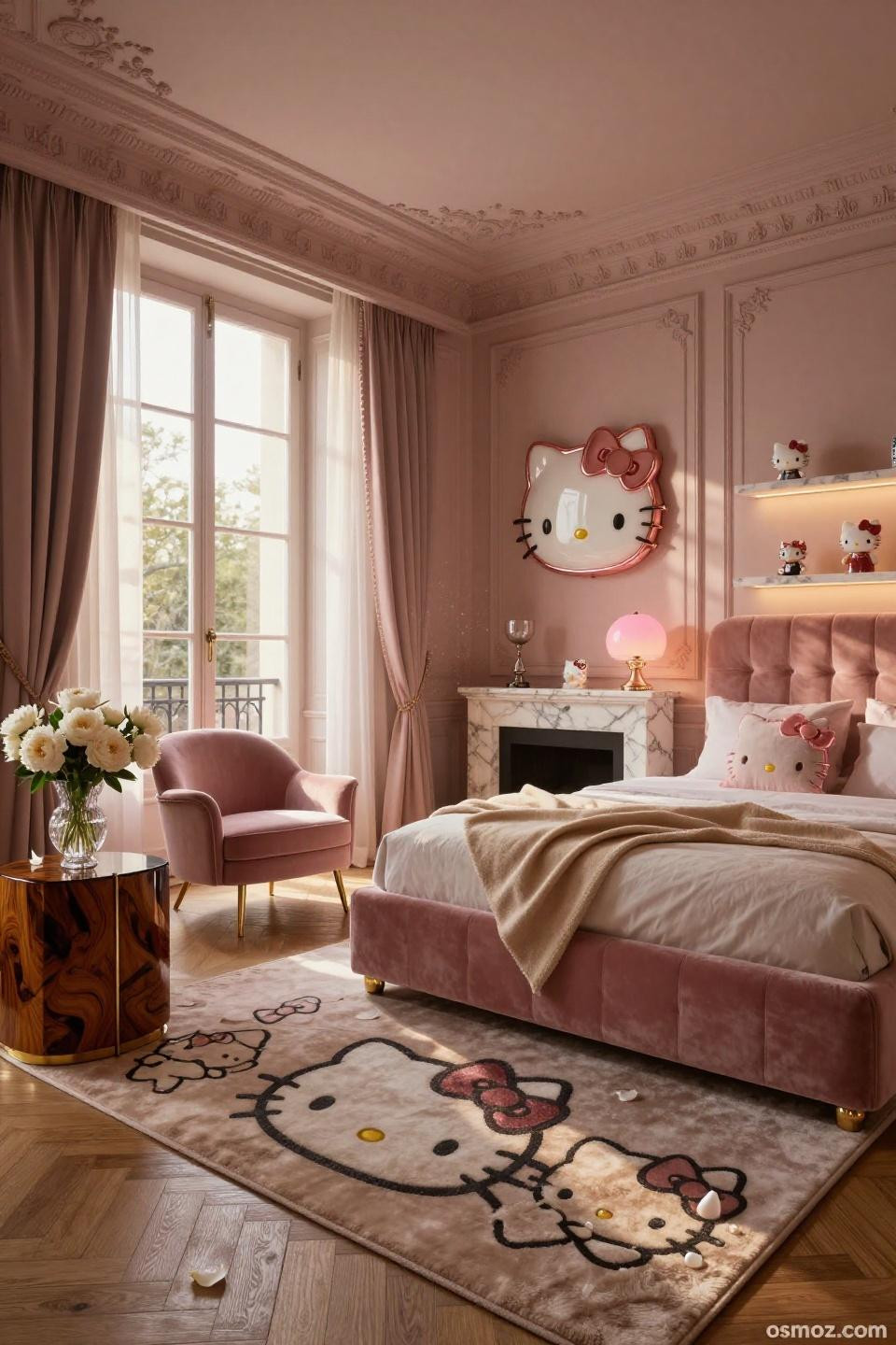 Hello Kitty bedroom ideas in Haussmann apartment with tufted velvet headboard and Calacatta marble fireplace